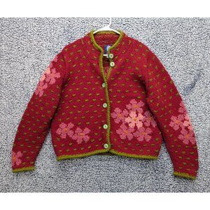 Amano 100% Wool Floral Chunky Knit Cardigan Womens M Cottagecore Gardencore Red